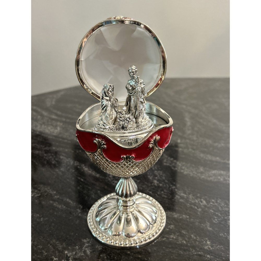 Wallace Silversmiths Ornate Music Box Egg Red Enamel Nativity Scene Silent Night